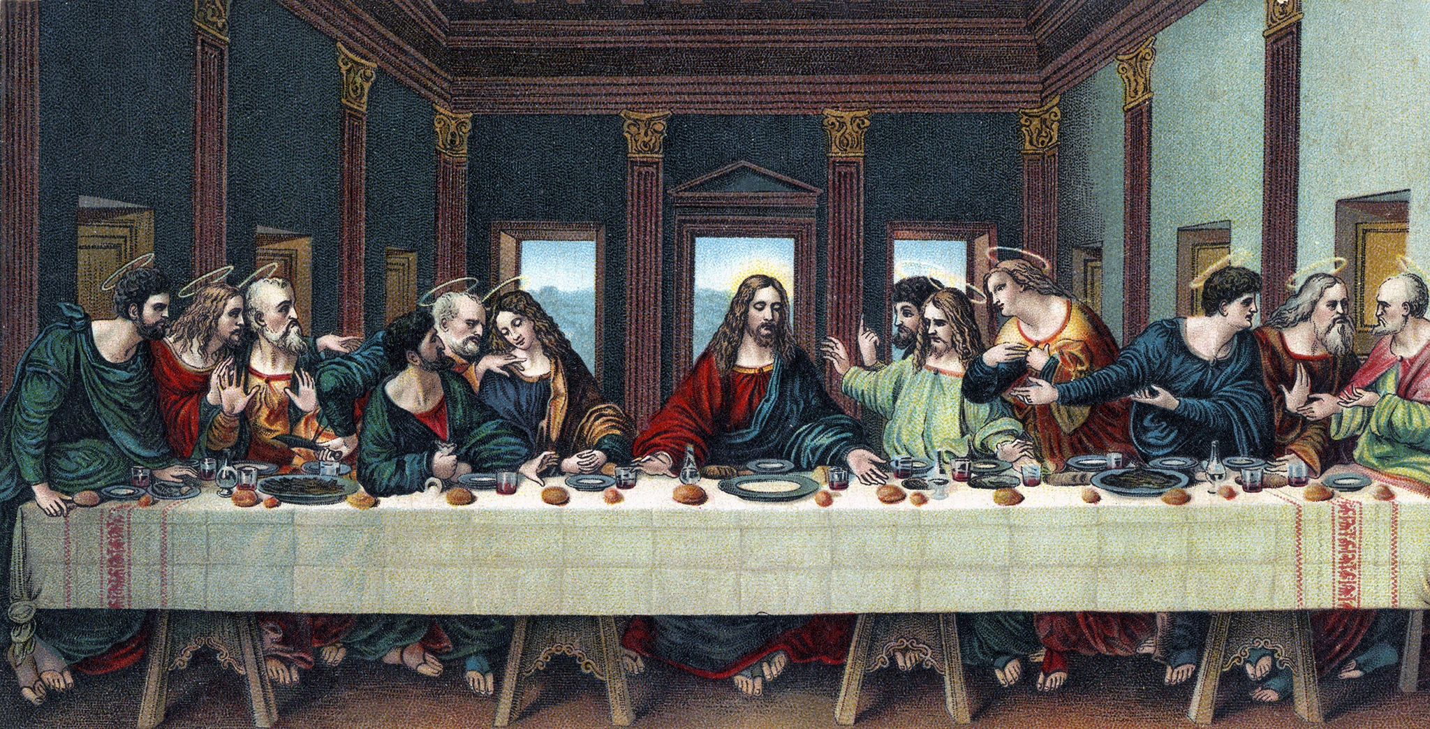 This image based on Leonardo Da Vinci's "Last Supper" shows Jesus Christ and the Twelve Apostles.