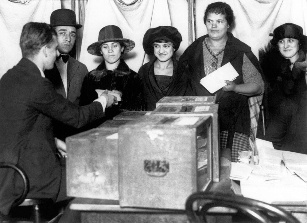 Women line up to vote for the first time in New York City in 1920, after the passage of the 19th Amendment