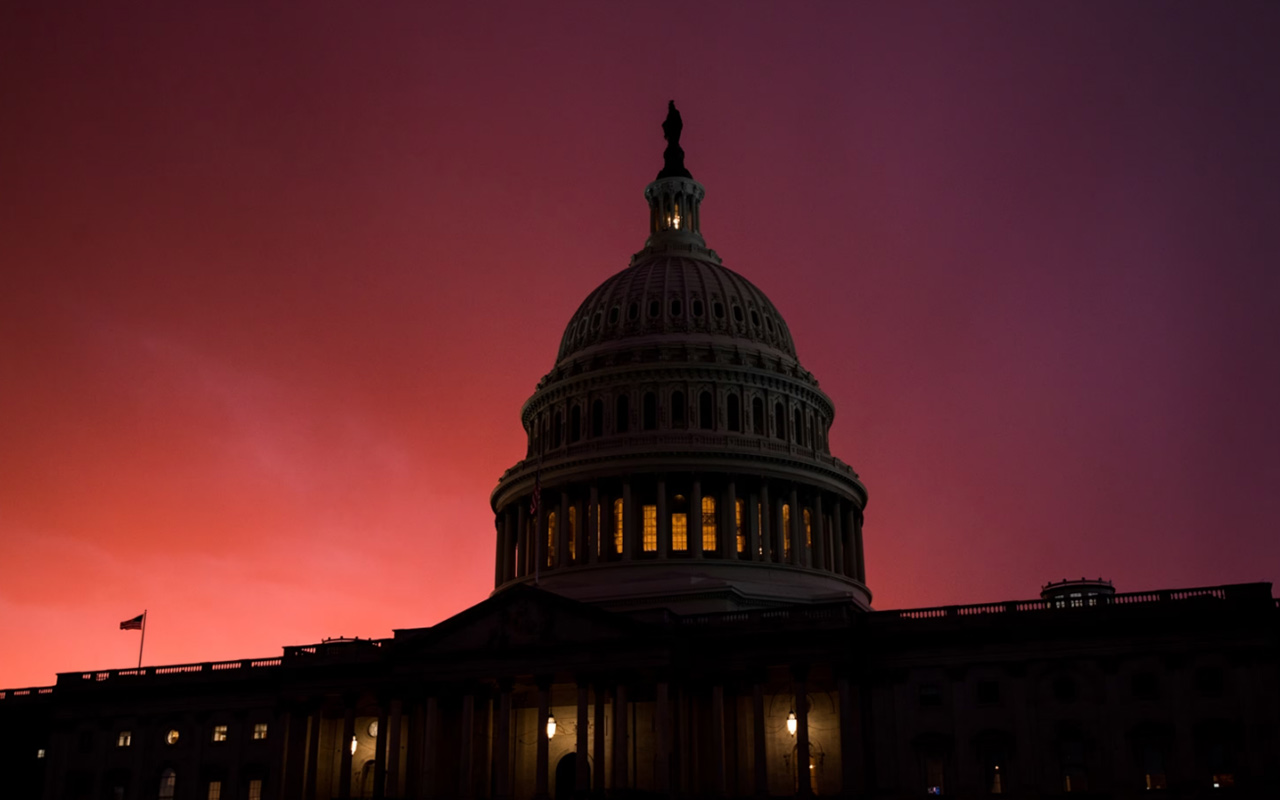 The U.S. Capitol dome at sunset in Washington, D.C.