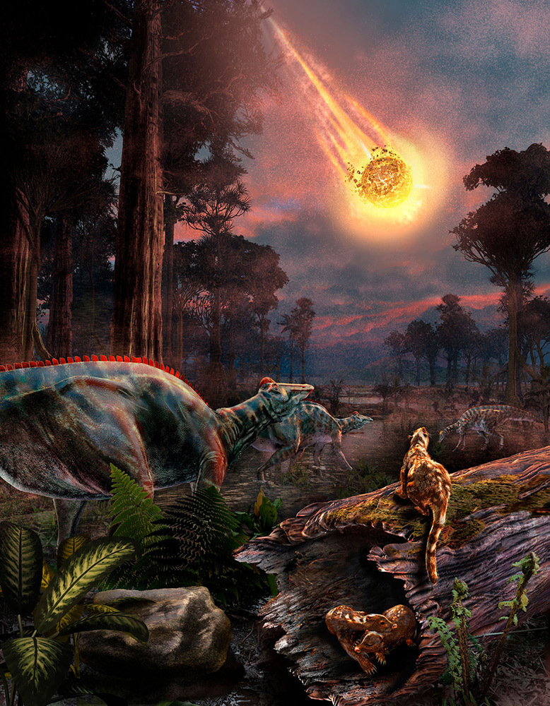 Various mammals and dinosaurs gathered in an open forest by the water, looking upwards as they watch a fiery asteroid flyingg down