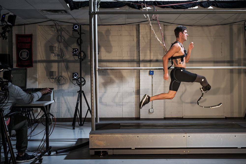 Paralympian sprinter Jarryd Wallace’s bio­ mechanics are analyzed at the Southern Methodist University Locomotor Performance Laboratory in Dallas, Texas