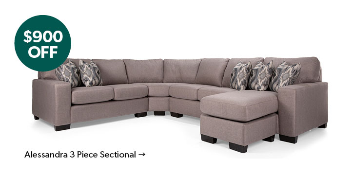 900 dollars off. Featured Alessandra 3 Piece Sectional . Click to Shop Now.