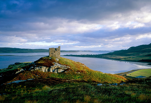 Castle Varrich rises above Kyle of Tongue, a shallow sea loch, on northern Scotland’s A’ Mhòine peninsula.