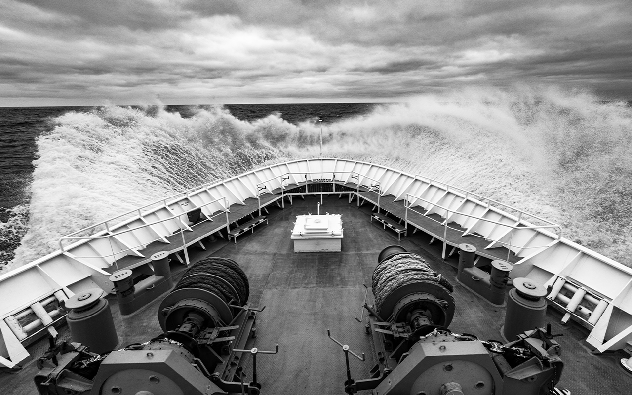 The National Geographic Expedition ship Explorer cuts through the icy waters of the open ocean en route to South Georgia Island.