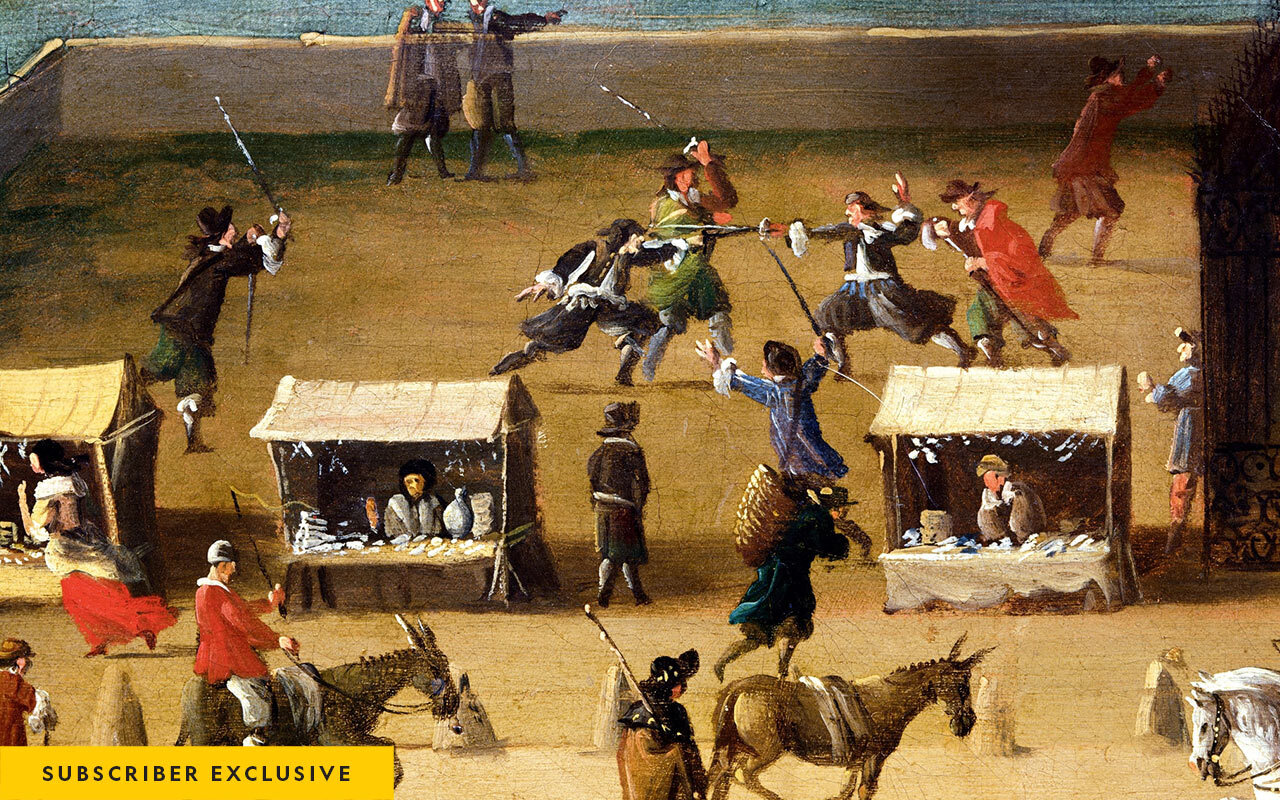 Market vendors go about their business while two duelers fight, exhorted by their seconds, on the Pont Neuf in Paris. Detail from an anonymous 17th-century painting. Musée Carnavalet, Paris.