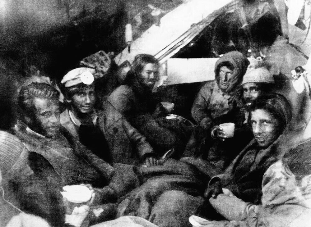 Survivors of the Uruguayan plane crash in the Andes in the fuselage of the wrecked aircraft on shortly after rescuers reached them.