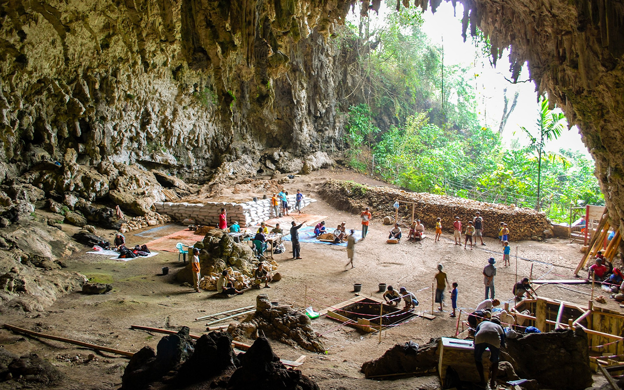 Archaeologists excavate in Liang Bua, a limestone cave on the Indonesian island of Flores where the mysterious Homo floresiensis fossils were found.