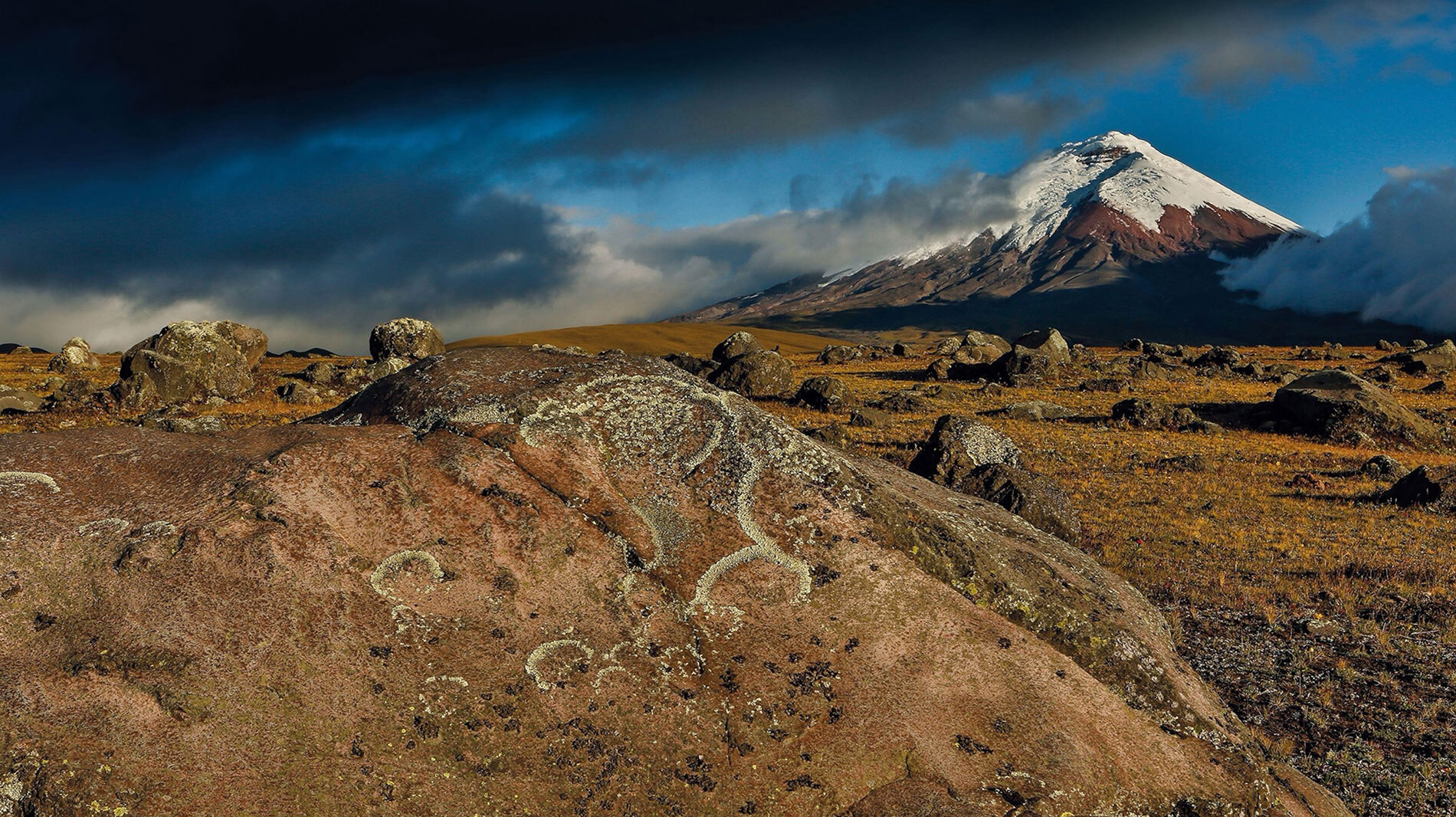 Clouds roll over the rocky landscape of Cotopaxi National Park in Ecuador.