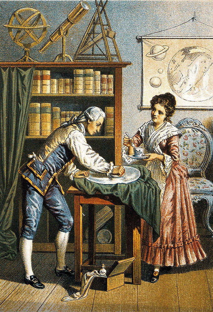 A painting of a man and a woman in a study