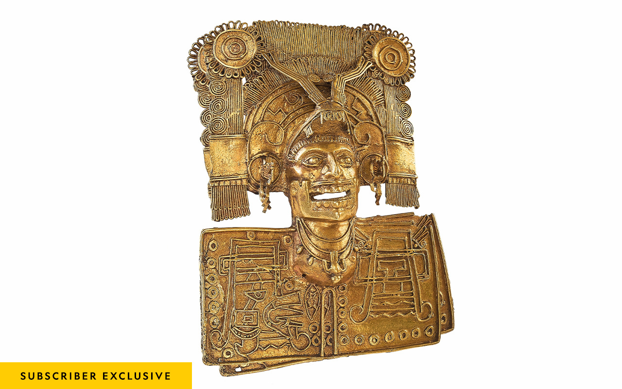 This stunning pectoral, worn around the neck by a Mixtec dignitary, was one of more than 120 gold pieces found in a tomb in southern Mexico’s ancient city of Monte Albán.