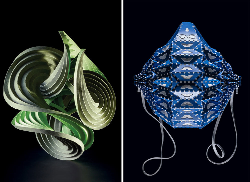 The left image is a picture of a curved, wavy structure made from paper. The image on the right is of a face mask with many folds.