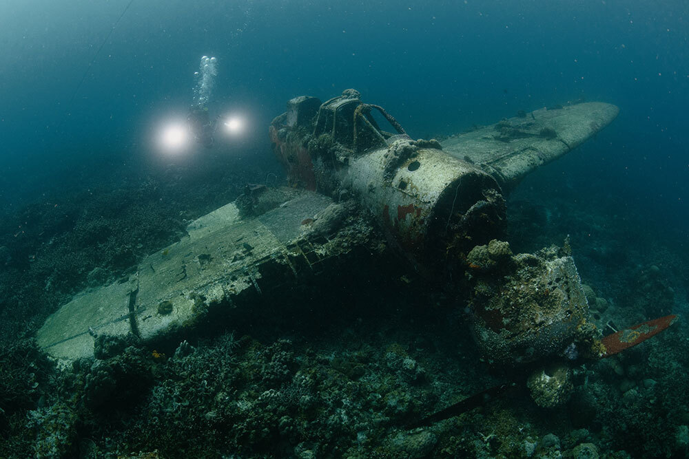 A picture of an old plane under water