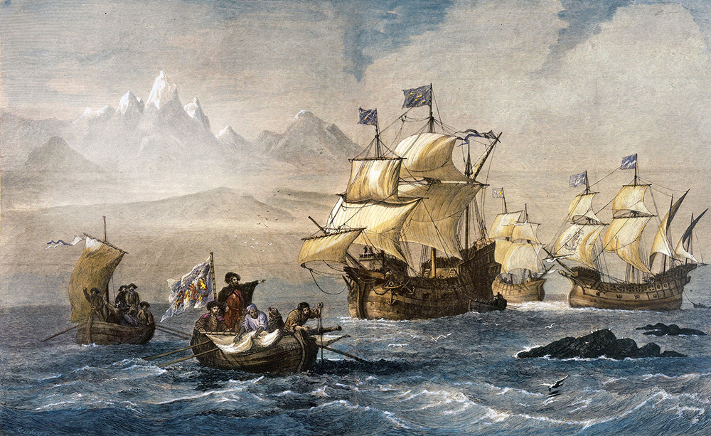 A woodcut of three large ships off the coast of a mountainous land