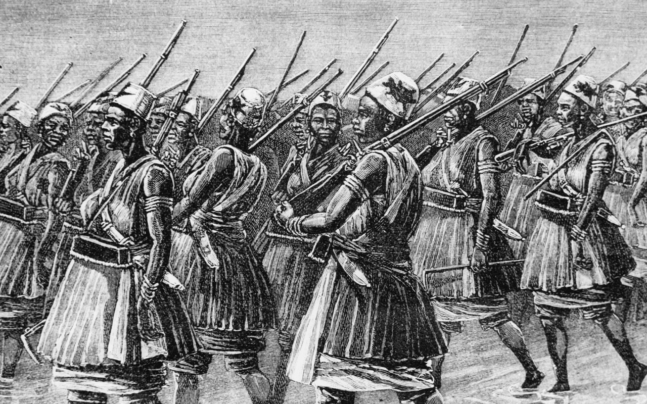 Dahomey warriors crossing a creek.