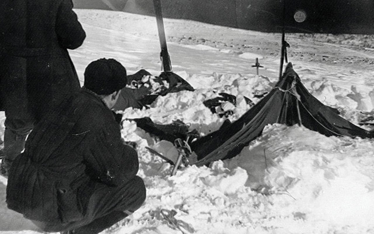 Soviet investigators examine the tent belonging to the Dyatlov Pass expedition on February 26, 1959.