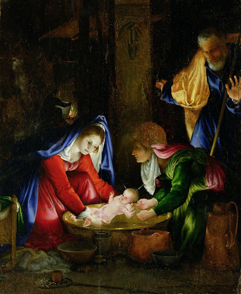 In this 15th-century work by Lotto Lorenzo, a midwife (right) appears alongside the baby Jesus and Mary.