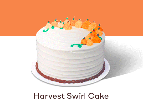 Gif cycling through cakes "Harvest Swirl Cake", "Pumpkin Patch Cake", and "Fall Harvest Roll"