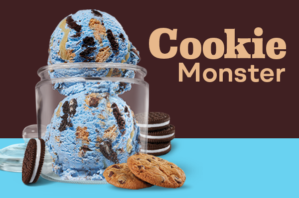 2 scoops of Cookie Monster Ice Cream in a clear container with the caption "Cookie Monster"​