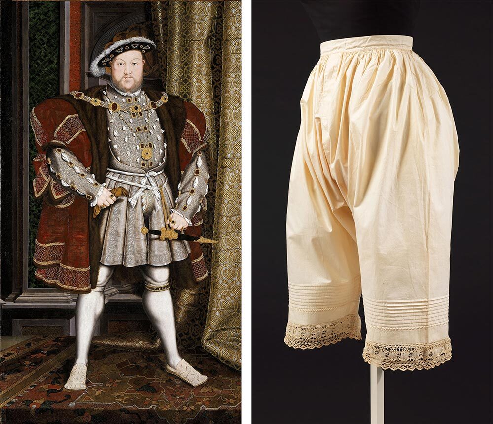 Left: A painting of King Henry VIII of England

Right: A pair of long, cream-colored pants that cinched at the waist