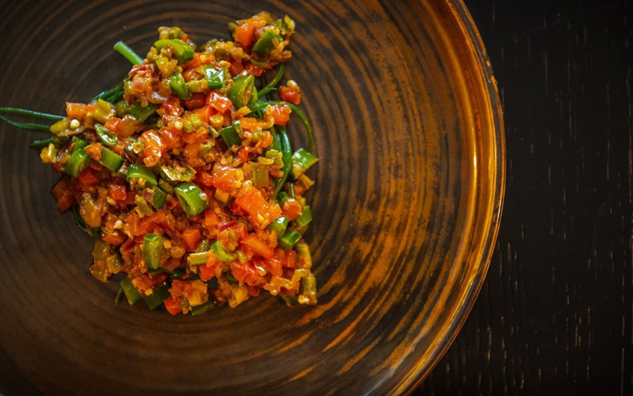 A vibrant dish of vegetables and rice