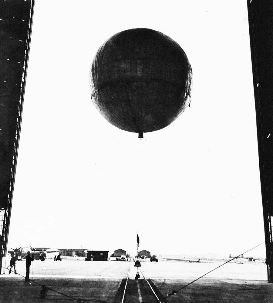 Overall photograph of a Japanese Balloon inflated with apparatus properly suspended. Received February 8, 1946 from HQ. Fourth Air Force, San Francisco, California.