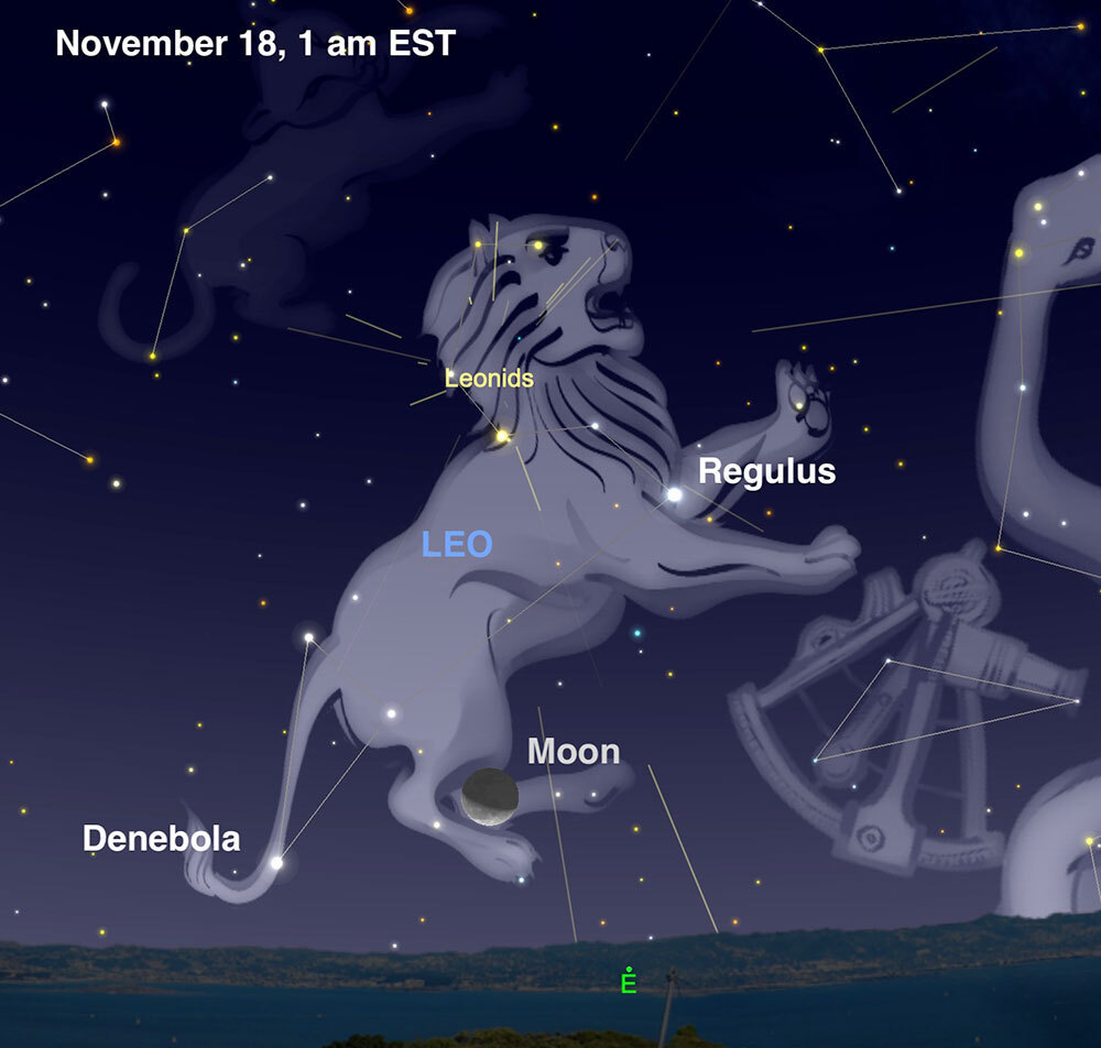 An illustration of the moon and the leo constellations in the sky