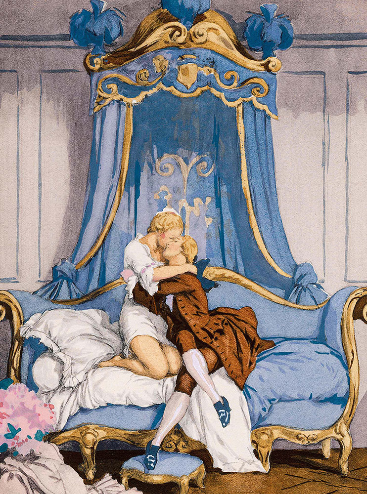 A painting of a man kissing a woman on a plush couch