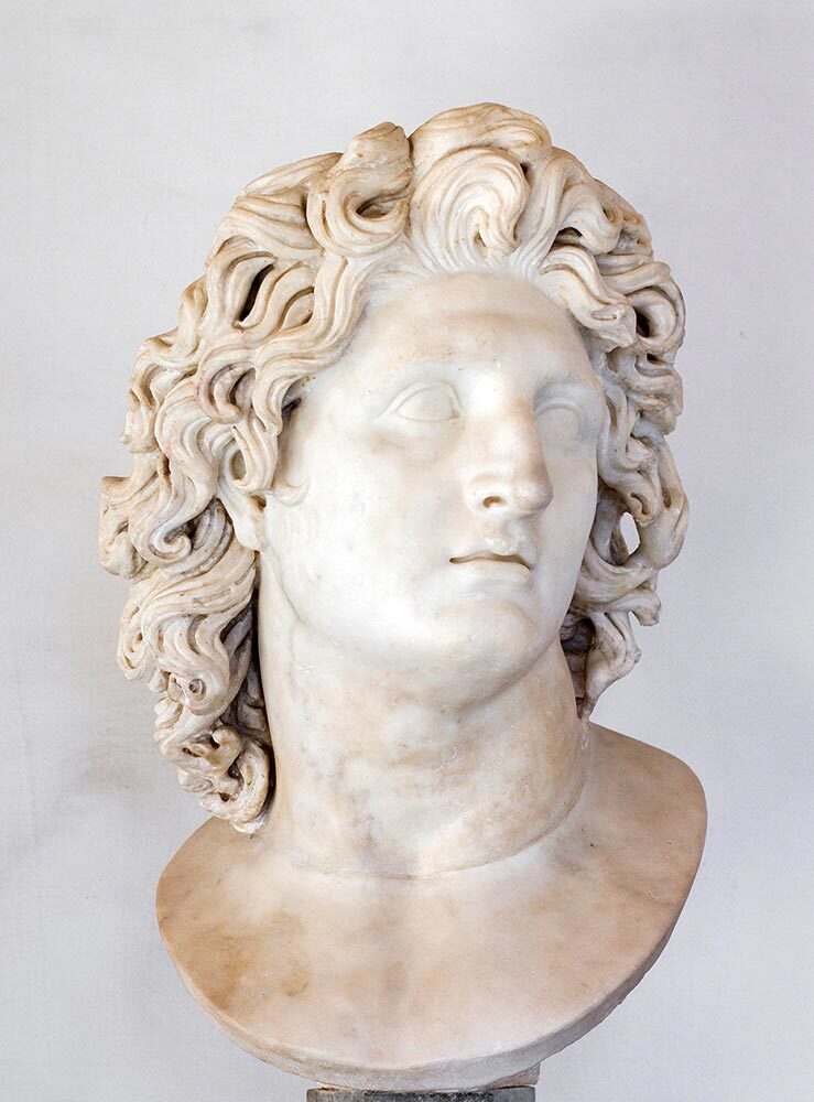 A Roman bust of Alexander the Great is on display at the Musei Capitolini in Rome, Italy.