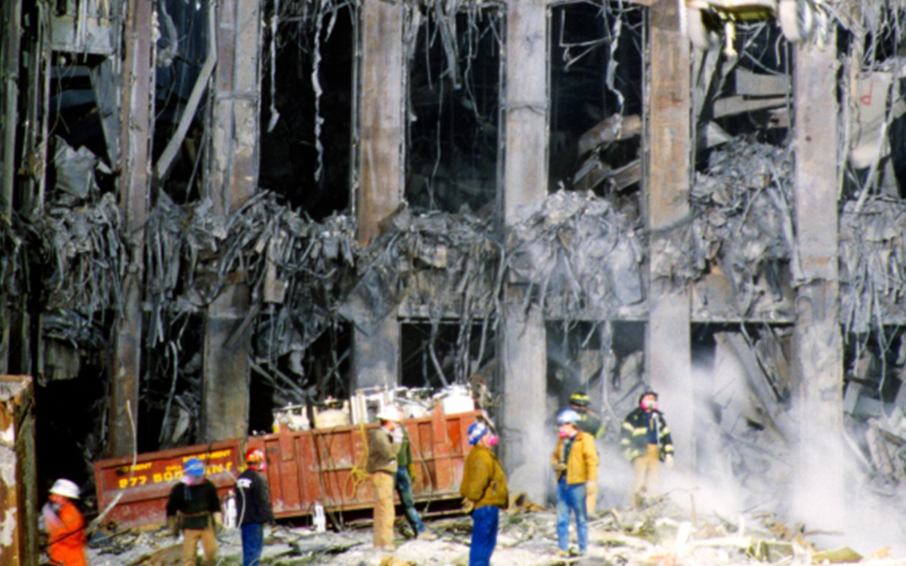 Clean-up crews work through the rubble at Ground Zero in November 2001.