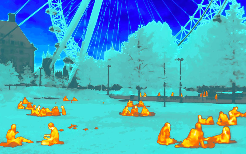 An infrared view shows the body heat of people compared to the surrounding area at Jubilee Gardens in London. 