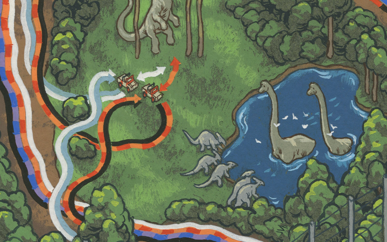 This detail from the Jurassic Park map shows the paths of characters traveling around the island in Jeeps.