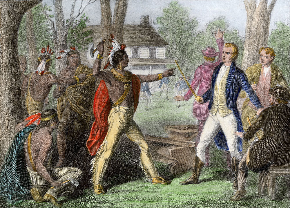 An illustration of an Indigenous man with a hatchet standing off against a White man with a sword