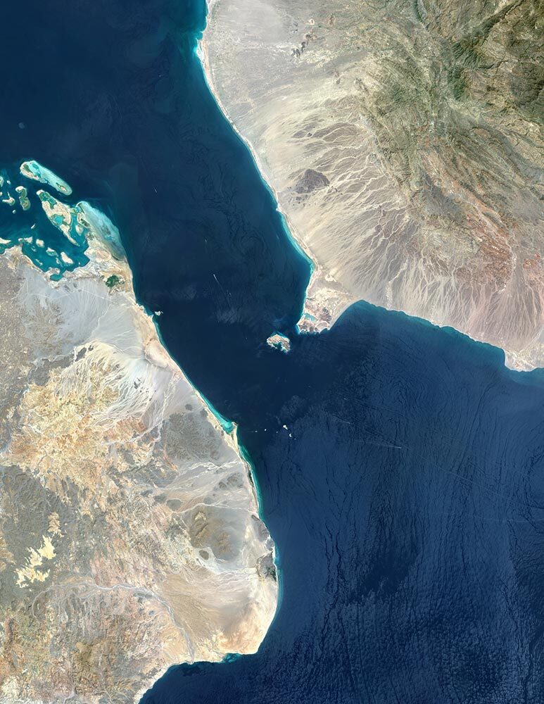 A satellite view of the 20-mile-wide strait of Bab el Mandeb, located between the southwestern tip of the Arabian Peninsula (right) and the Horn of Africa (left).