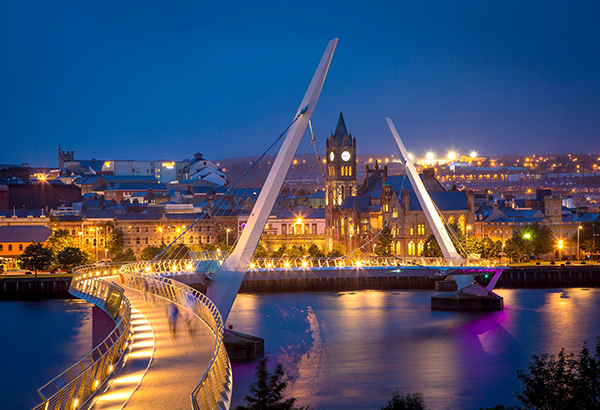 Evening lights shine brightly from Londonderry (Derry), which boasts one of Europe's youngest populations.