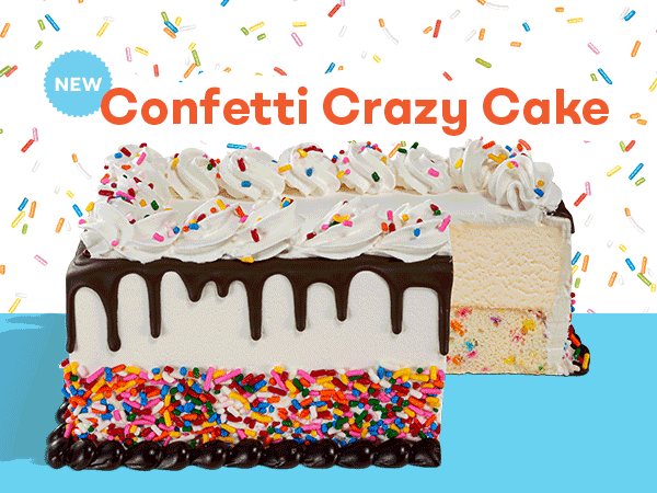 "Confetti Crazy Cake" gif cycling through close ups of the cake and confetti layer