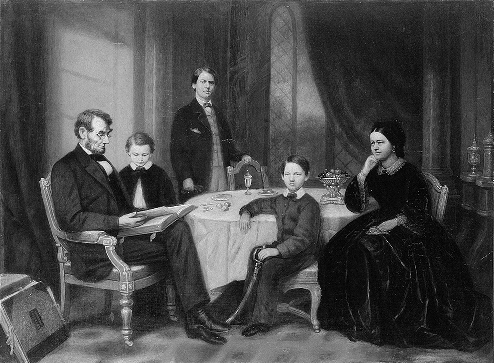 A black and white oil painting of Abraham Lincoln reading a book at a table in a living space with Mary, William, and Thomas.