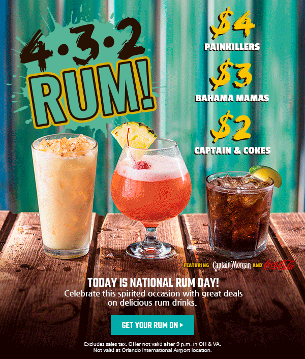 Today is National Rum Day, come celebrate at Bahama Breeze with drink specials now through August 17!