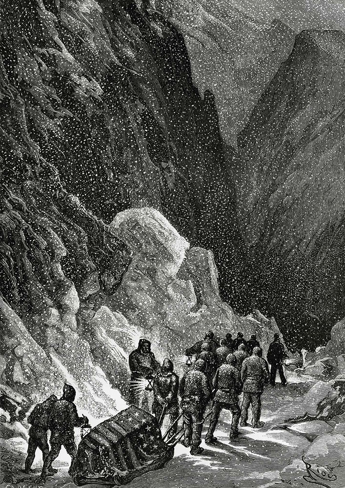 An illustration of a group of men dragging a coffin through snow on a sled