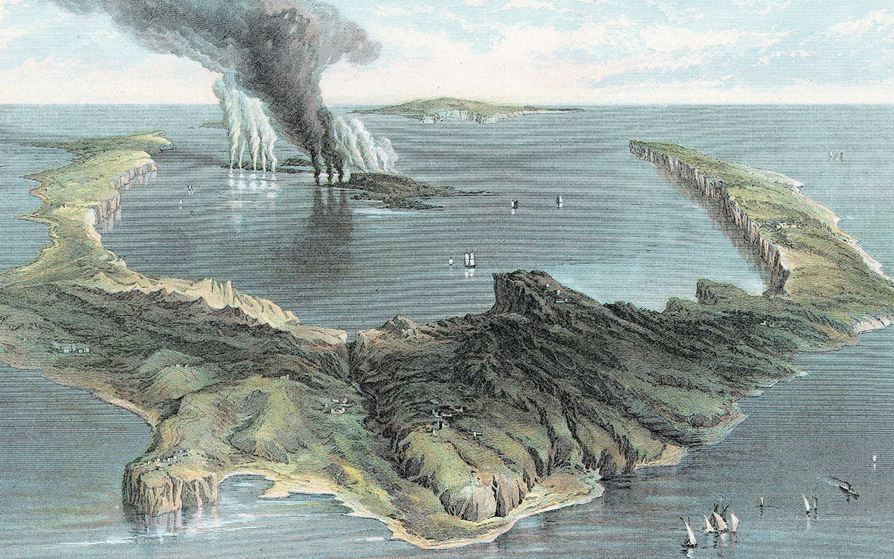 The volcanic island of Thera (modern Santorini) in the Aegean Sea depicted during a 19th-century eruption.