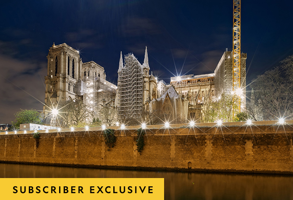 Scaffolding and a giant crane now mock the cathedral’s aspiration to loftiness; a metal wall topped with razor wire surrounds the site.