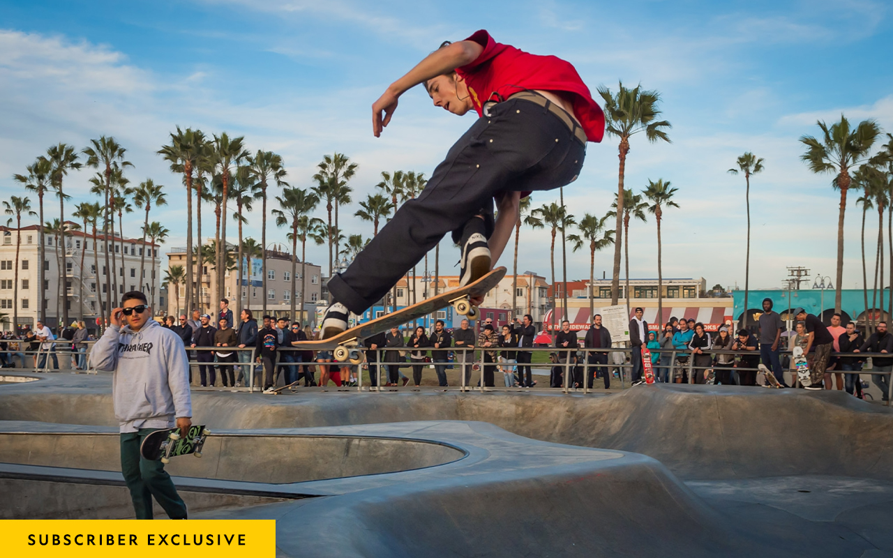 A crowd gathers at Venice Beach Skate Park to watch the feats of skateboarders such as Sean Davis (airborne, right). The 22-year-old moved from Illinois to California last year to pursue dreams of being a pro skater in the sport’s epicenter.