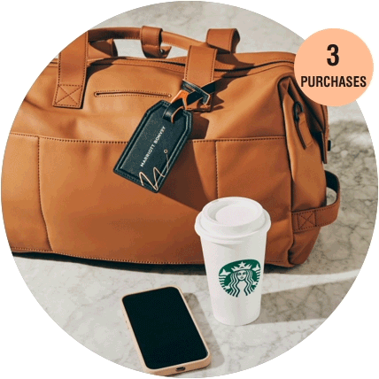 Weekender bag with a Marriott Bonvoy luggage tag near a Starbucks drink and mobile phone.