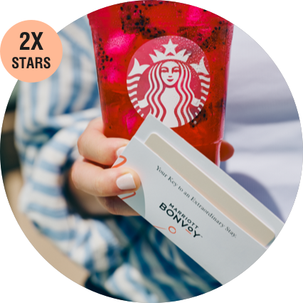 Close up of a guests hand holding Marriott Bonvoy keycard and Starbucks drink.