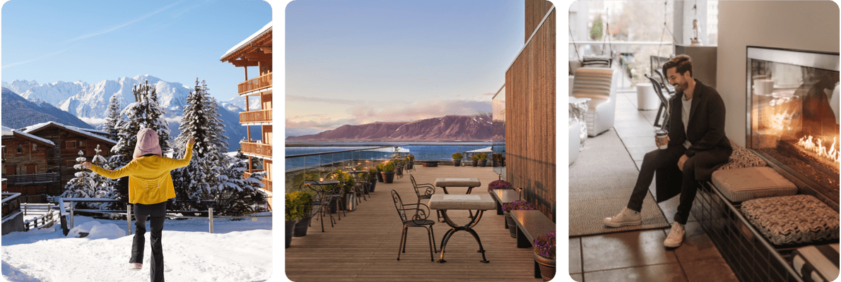 Stunning seasonal views and a cozy interior at properties in Switzerland and Iceland.