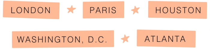 GIF of tour city names: London, Paris, Houston, Washington, D.C. and Atlanta.