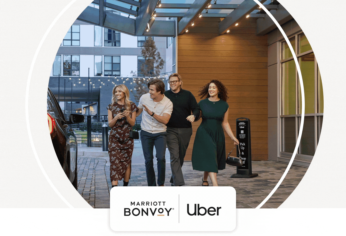 Carousel of three images: A group of friends getting out of an Uber. A phone with an Uber app and hotel keys. And a family enjoying Uber Eats in their hotel room.