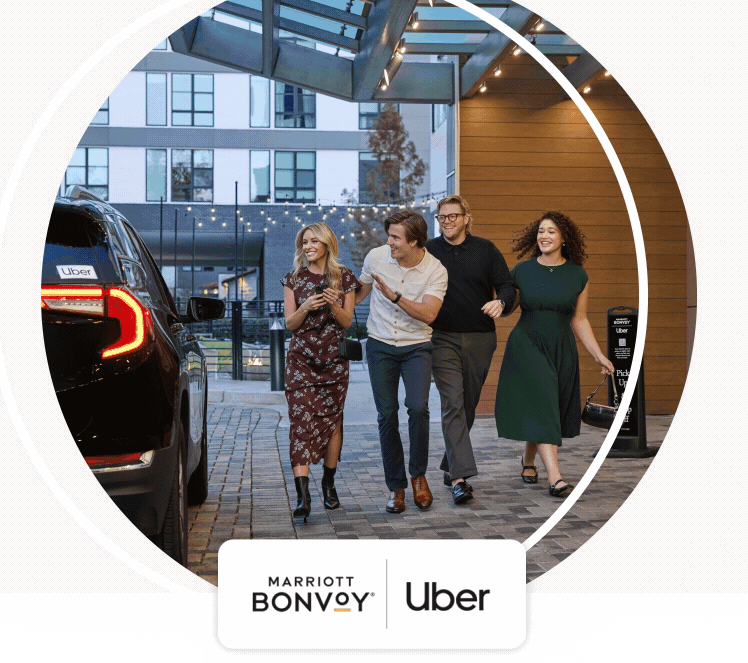 Carousel of three images: A group of friends getting out of an Uber. A phone with an Uber app and hotel keys. And a family enjoying Uber Eats in their hotel room.