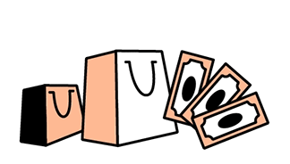 Animated illustration of shopping bags and paper currency.