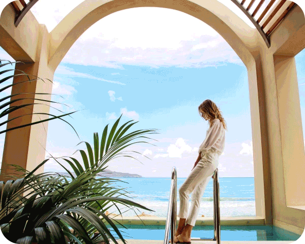 Photo carousel of a guest at an oceanside resort, a family hiking, and a woman at the airport.