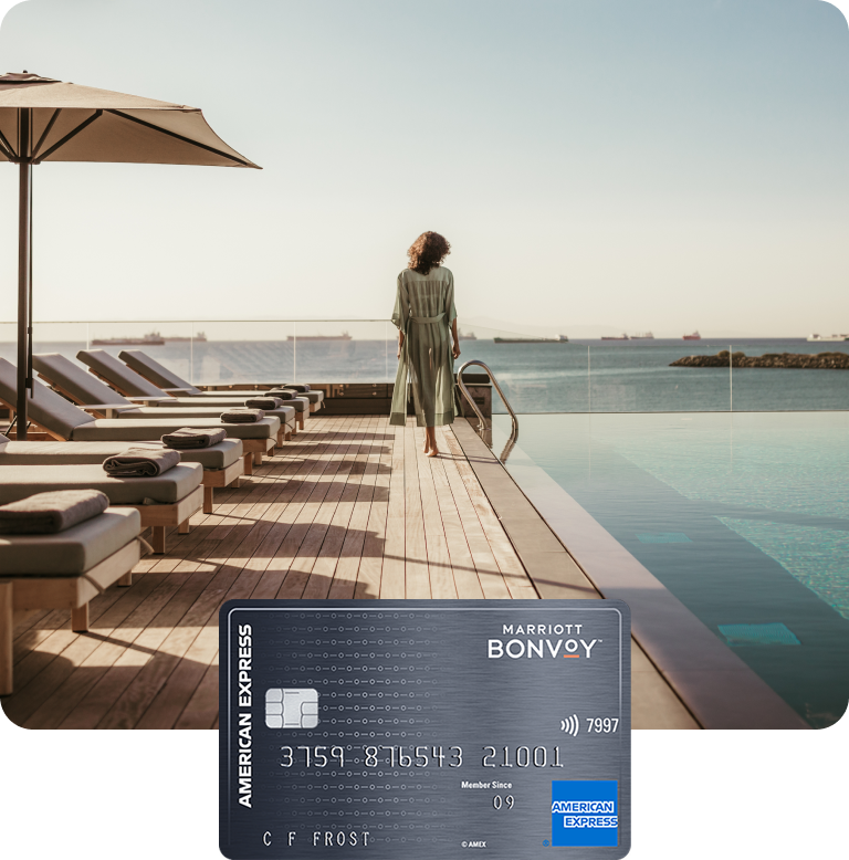 A guest walking beside a hotel's infinity pool overlooking the Sea of Marmara in Istanbul, Turkiye.